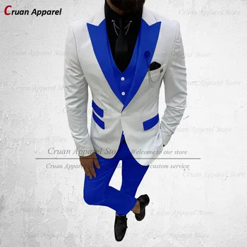 (20 Krāsām) 2022 Jaunu Zīmolu Royal Blue Vīriešu Kāzu Uzvalks Komplekts Slim Fit Groomsman Smokings Baltās Līgavainis Žakete, Veste Bikses 3Pcs