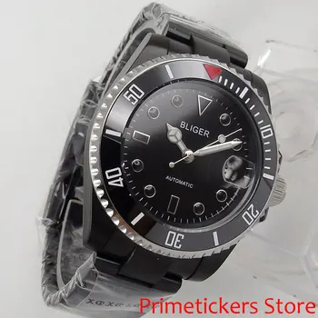 40mm Bliger black dial PVD pārklājumu gadījumā keramikas bezel safīra stikls automātiskās mens watch