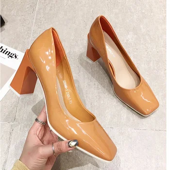Augstas Papēžiem Laukumā toe Kurpes Sieviete augstpapēžu kurpes Pop Rudens Sieviešu Sekla Sūkņi Bloķēt Papēdi Sieviešu Footware franču Stilā Oranža