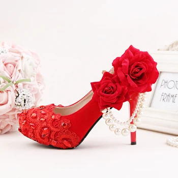 Augsti Papēži 14cm Platforma Red Sievietēm, Kāzu Kurpes, Līgavu Rožu Ziedi Sūkņi Pērle Ķēdes Dāmas Sexy Puse Apavi, Sieviešu Apavi