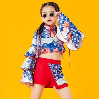 Bērnu Džeza Dejas, Tērpu Ķīniešu Stilā Drukāt Meiteņu Drēbes Izlīdzināšanu Piedurknēm Catwalk Hip Hop Deju Apģērbu DNV15516