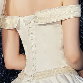 Drēbes Longue Balta Satīna Kabatas Kāzu Kleitas 2021 Frēzēšana Pērles Vienkārši Vestido De Novia Pie Pleca Kāzu Kleitas