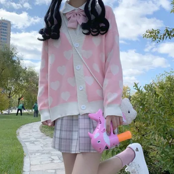 Ir 2021. Kawaii Trikotāžas Džemperis Meitene Cute Mīlestība Drukāt Sieviešu Rudens Ziemas Korejas Rozā, V-Veida Kakla Jaciņa Mētelis Zaudēt Gadījuma Streetwear Augšu