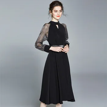 Ir 2021. pavasara Elegants melns Sexy Kleita Sievietēm Vintage Mežģīņu Piedurknēm O-veida Kakla Femme OLA Casual slim Sieviete Puse, Garās Kleitas