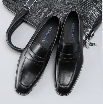 Jauno modes paslīdēt uz cietā kāzu kurpes roku darbs īstas ādas kvadrātveida kājām vīriešu biznesa kurpes oficiālu vīriešiem kleitu kurpes