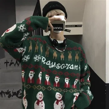 Korejas Modes Ziemassvētku Vīriešu Džemperis Karikatūra ar garām Piedurknēm ar Apaļu Kakla Lielgabarīta Džemperis Trikotāžas Džemperis Ziemas Vīriešu Apģērbu,
