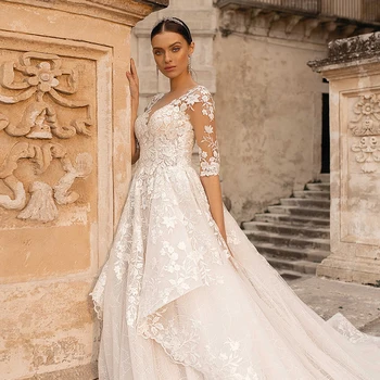 Kāzu Kleita Luxury-line Drēbes Mariage V-veida Kakla Pusi Piedurknēm Frēzēšana Appliques Mežģīnes Princese Kleita 2022 Vestido de noiva