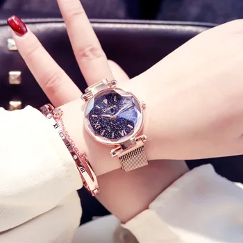 Luksusa rožu zelta pulksteņi sieviešu Modē zvaigžņotām debesīm magnēts sprādzes skatīties dimanta griešanas virsmas sieviešu rokas pulksteņi dāmu pulkstenis