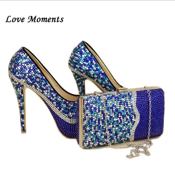 Mīlestības Mirkļus Royal blue rhinestone kāzu kurpes un somas, lai atbilstu Galosh Para Kleitu kurpes sieviete augstpapēžu kurpes sieviešu Sūkņi