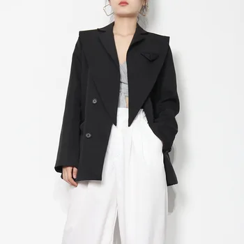 Nišas stils black white tīrtoņa krāsu dubultā krūtīm dubultā apkakle īsa žakete biroja dāma modes sievietes tērps apģērbs topi