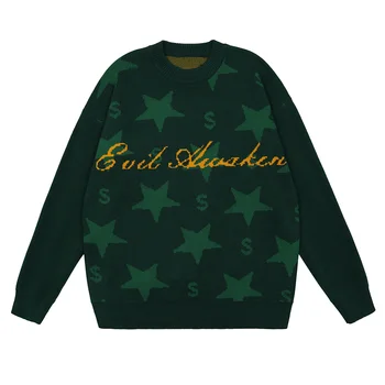 Pieci norādīja Zvaigzne Drukāt Trikotāžas Džemperis Vīriešiem Streetwear Kokvilnas Harajuku Džemperis Džemperis Lielajam Ziemas Gadījuma Knittwear Pulovers
