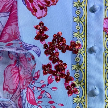 SEQINYY Zila Ceļa Kleita Pavasara Vasaras Jaunā Modes Dizaina Sievietes Skrejceļa Augstas Iela Frēzēšana Kristāla Vizuļi Ziedu Vintage Print