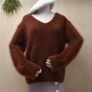 Sieviešu sieviešu rudens ziemas apģērbu matains plīša ūdeļu kašmira adīta v-veida kakla brīvs džemperis angoras kažokādas džemperis džemperis pull topi