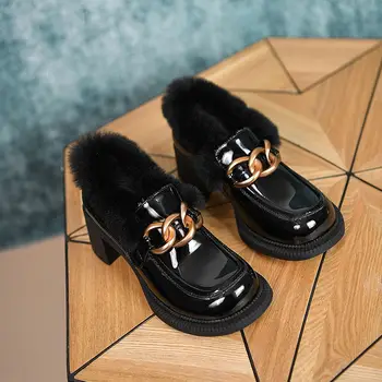 Vichelo Karstā roku darbs cēloņu kurpes jaunums ziemas kažokādas korejiešu meitene apaļu purngalu Anglijas bieza augstiem papēžiem metāla rotājumi sūkņi l86