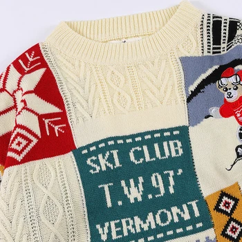 Vīrieši Vintage Trikotāžas Džemperis Ziemassvētku Kamanas Ģeometrija Krāsu Saskaņošanas Džemperis Sievietēm High Street Gadījuma Zaudēt Trikotāža Unisex