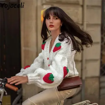 Yojoceli Sexy zemeņu appliques sieviešu trikotāžas jaka, Rudens ziemas džemperi, virsdrēbes Modes gadījuma adīšanas jaciņa