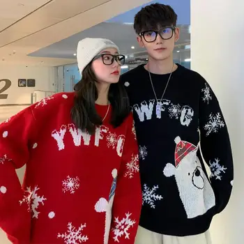 Ziemassvētku Džemperis Vīriešiem Zaudēt Gadījuma Harajuku Lācis Pāri Vintage Ziemas Džemperis Vīriešiem Korejas Modes Sabiezēt Jauno Gadu Pulovers