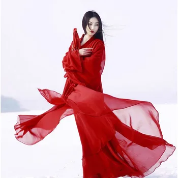 Ķīnas Retro Hanfu Cosplay Kostīmu Elegants Pasaku Sarkana Šifona Dancewear Tradicionālo Sieviešu Ancien Tautas Dejas Tērps