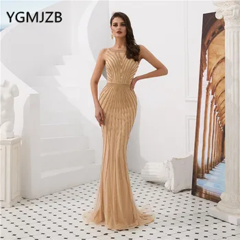 Šampanietis Vakara Kleita 2019 Elegants Kristāla Frēzēšana Tilla Sexy arābu Sieviete oficiālā Puse Kleita Garo Balles Kleitu drēbes de saviesīgs vakars