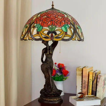 Eiropas Retro Stila Radošo Rožu Tiffany Krāsains Stikla Mākslas Krāsainu Glazūru Retro Viesistaba, Amerikāņu Galda Lampa