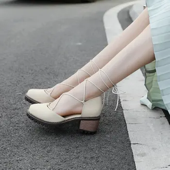 Jauno Sieviešu Sūkņi kurpes Bieza augstiem papēžiem Sieviete modes Mežģīnes-up Sieviešu saldie lielie izmēri 34-43 36 gadījuma chunky krusta pārsegs kājām